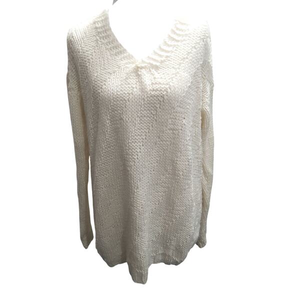 Womens handmade open chunky knit sweater White pullover long slv size M Coastal - Picture 1 of 5